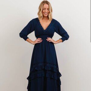 Baltic Born XS Pippa Ruffle Maxi Dress Navy Blue Size Small